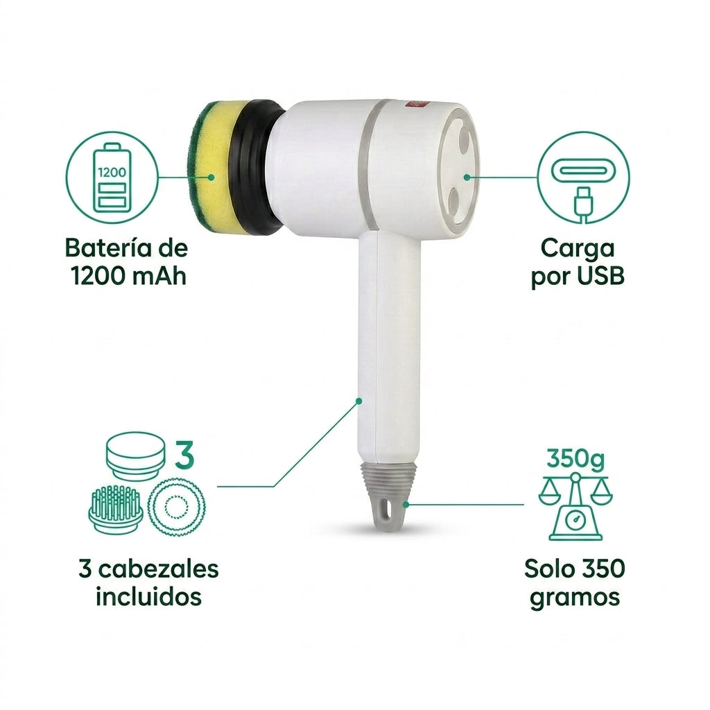 Características del cepillo eléctrico giratorio NUBEX: batería recargable USB, cabezales intercambiables y 350 gramos de peso